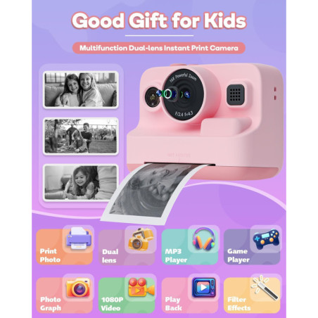 Kids Instant Print Camera 1080P – Portable Photo Toy for Girls & Boys Ages 3-12, Christmas Birthday Gift