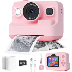 Kids Instant Print Camera 1080P - Portable Gift for Ages 3-12, Pink