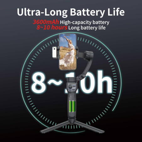 Stabilisateur 3 axes pour smartphone avec éclairage, suivi AI, trépied pliable pour iPhone & Android