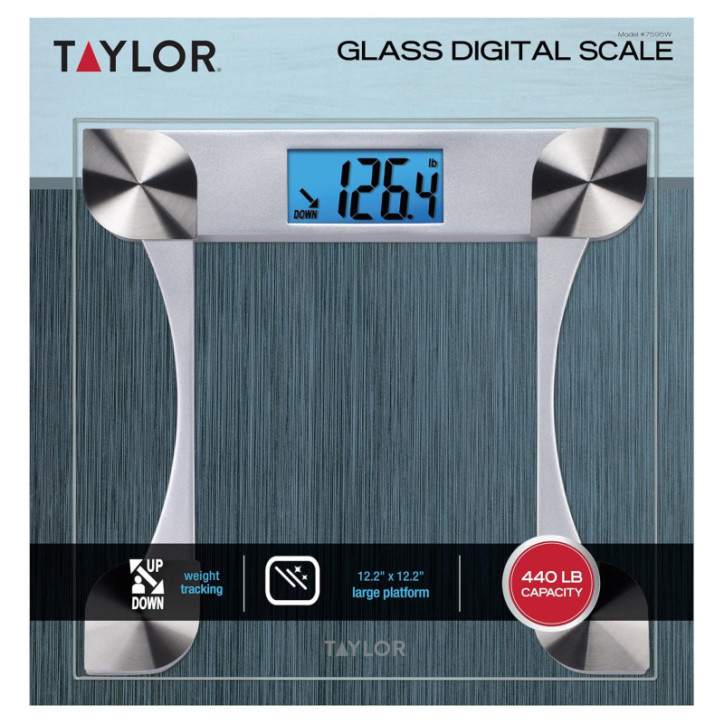 Pèse-personne numérique Taylor, mesure précise jusqu'à 200 kg, plateforme stable, fonction batterie, design clair