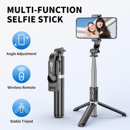 All-in-One Extendable Selfie Stick Tripod with Wireless Remote - Compatible with iPhone & Samsung