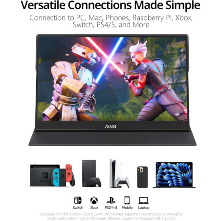 MNN Écran Portable 15,6 FHD 1080P USB-C HDMI IPS Ultraplat avec Haut-parleurs & Smart Cover HDR