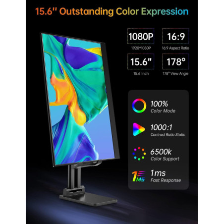 VILVA Écran Portable 15,6'' FHD IPS USB-C HDMI avec Haut-parleurs et Housse pour PC/Mac/Console