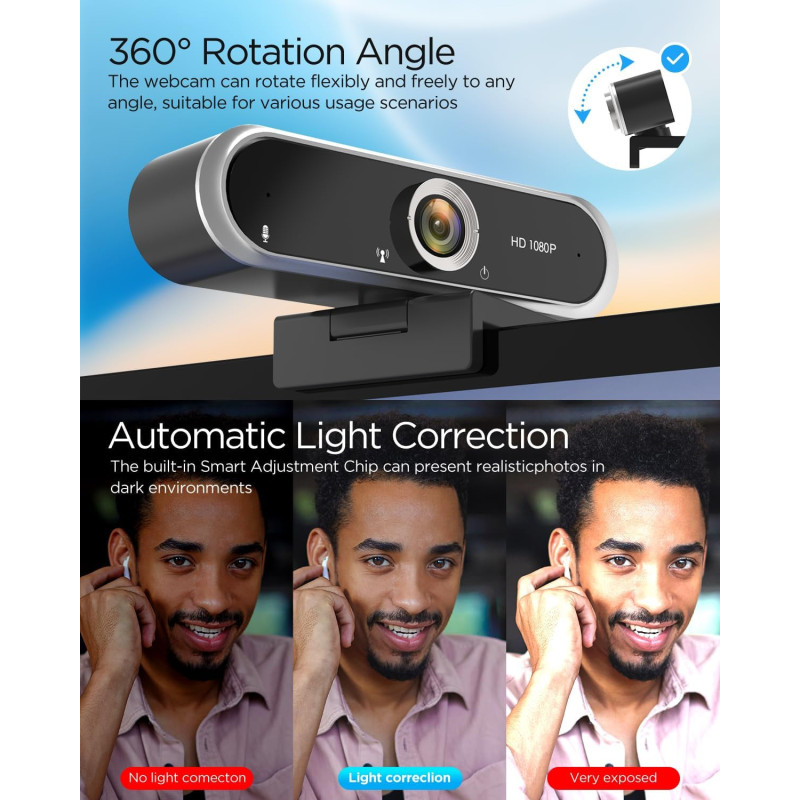 Webcam 1080P avec Microphone & Cache Vie Privée USB Plug & Play