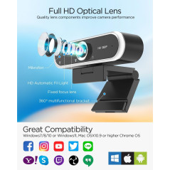Webcam 1080P avec Microphone & Cache Confidentialité USB Plug & Play pour Appels Vidéo & Streaming