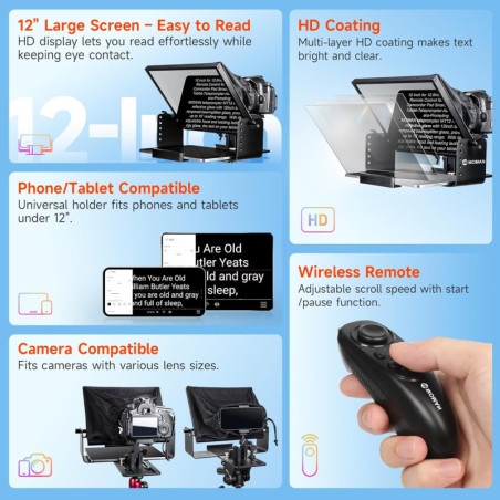 Moman 12 Metal Teleprompter for iPad/Tablets with APP Remote Control for DSLR, Camcorder, Smartphone