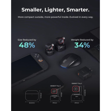 OBSBOT Tiny 3 : Webcam 4K AI, Audio Spatial et Suivi AI