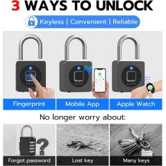 eLinkSmart Fingerprint Gym Locker Lock - Keyless Biometric Bluetooth Smart Padlock, Weatherproof, Black