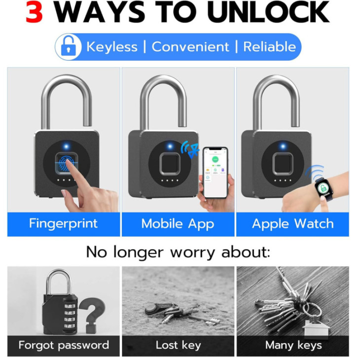 eLinkSmart Fingerprint Gym Locker Lock - Keyless Biometric Bluetooth Smart Padlock, Weatherproof, Black eLinkSmart Fingerprint Gym Locker Lock - Keyless Biometric Bluetooth Smart Padlock, Weatherproof, Black