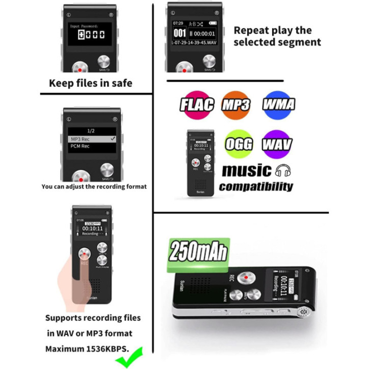 Enregistreur vocal numérique 16GB rechargeable USB pour conférences avec lecture, dictaphone compact amélioré Enregistreur vocal numérique 16GB rechargeable USB pour conférences avec lecture, dictaphone compact amélioré