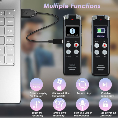 Enregistreur Vocal 64GB Portable avec Lecture et USB - EVISTR