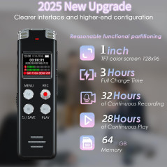 64GB Voice Activated Digital Recorder for Lectures & Meetings - EVISTR