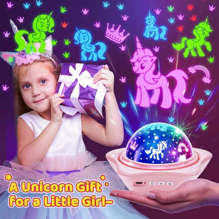 Projecteur lumineux licorne Onefire pour filles 4-6 ans, jouet rechargeable 360° avec 6 films, déco papillon