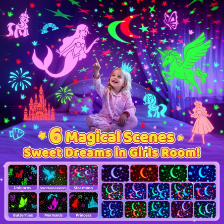 Onefire Girls Unicorn Light Projector Toys with 6 Films, Rechargeable 360° Rotating Night Light for Ages 4-6