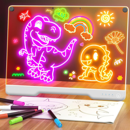 16 Rechargeable Doodle Glow LED Note Board with 7 Colors, Stand, 5 Markers & Tracing Book – Kids' Neon Art Toy