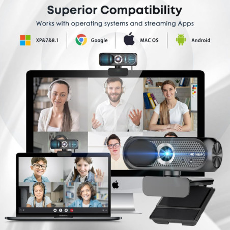 1080P HD Webcam with Mic, Noise Cancel, Privacy Cover & Auto Light