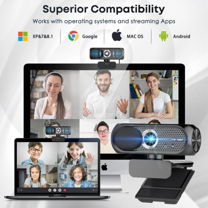 1080P HD Webcam with Mic, Noise Cancellation, Privacy Cover, Wide-Angle, Auto Light, USB Plug & Play (Black) 1080P HD Webcam with Mic, Noise Cancellation, Privacy Cover, Wide-Angle, Auto Light, USB Plug & Play (Black)