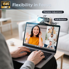 Webcam HD 1080P avec Microphone, Réduction de Bruit, Cache Confidentialité, Objectif Grand-Angle, USB Plug & Play