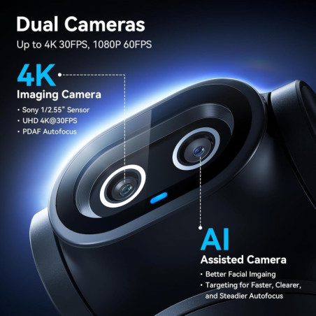 EMEET PIXY Caméra PTZ 4K AI Dual-Camera avec Trépied, Suivi AI, Autofocus PDAF 0.2s, 3 Micros, Compatible Streaming