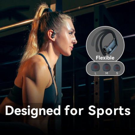 bmani Wireless Earbuds with LED Display Case, 80H Playtime, Over-Ear Hook, Mic, Stereo Sound – Black