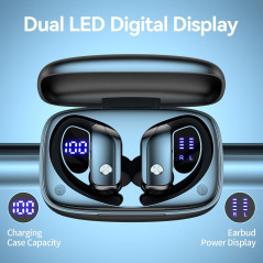 bmani Wireless Earbuds with 80H Playtime, LED Case & Mic – Black
