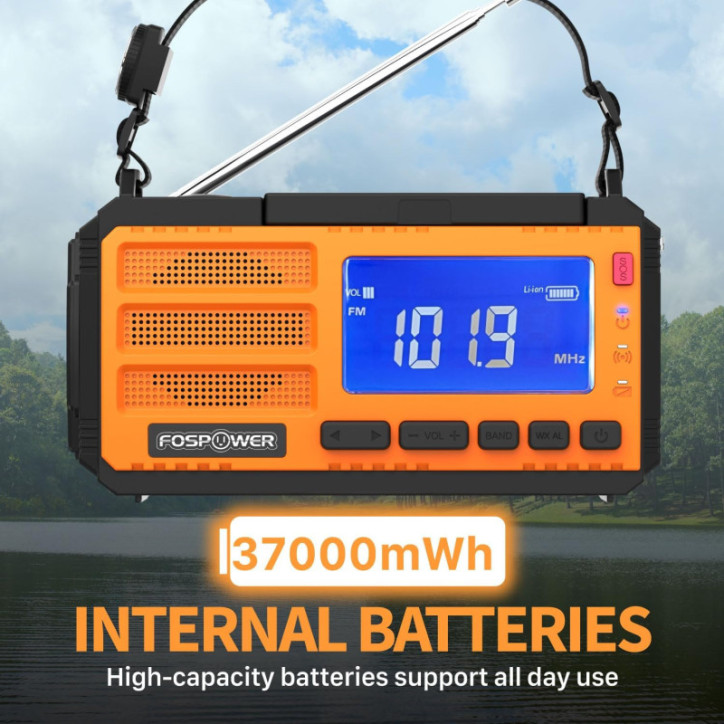 Radio météo d'urgence FosPower D8 37000mWh avec banque d'alimentation, USB/Solaire/Manivelle, SOS & lampe - Orange Radio météo d'urgence FosPower D8 37000mWh avec banque d'alimentation, USB/Solaire/Manivelle, SOS & lampe - Orange