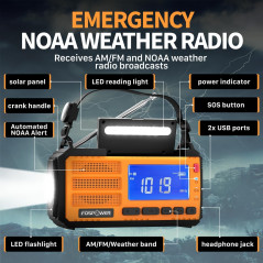 Radio météo d'urgence FosPower D8 37000mWh avec banque d'alimentation, USB/Solaire/Manivelle, SOS & lampe - Orange