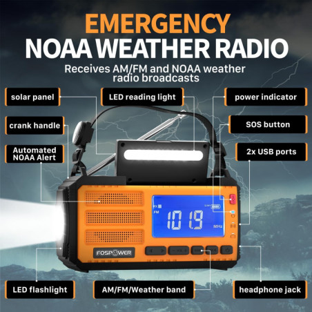 FosPower NOAA Emergency Weather Radio D8 with 37000mWh Power Bank, AM/FM, USB/Solar/Hand Crank, SOS Alarm & Flashlight - Ora