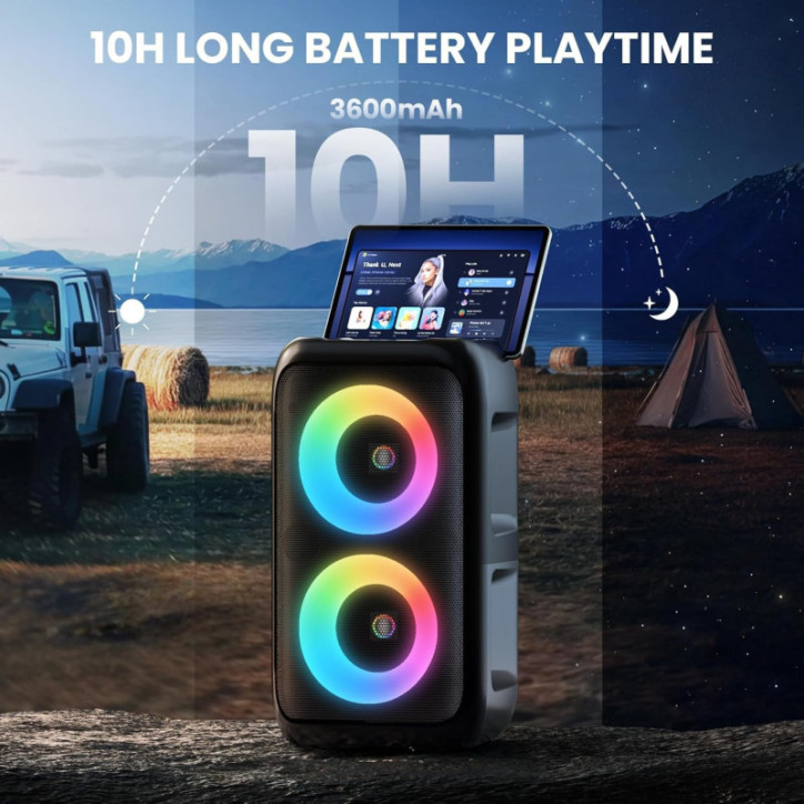 Bluetooth Party Speaker with 2 Wireless Mics, Karaoke, Lights, Rechargeable, TWS/AUX/USB/TF Card Support