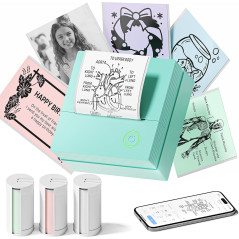 Imprimante d'autocollants PM290 portable Bluetooth avec 3 rouleaux, appli AI, pour école bureau maison, verte
