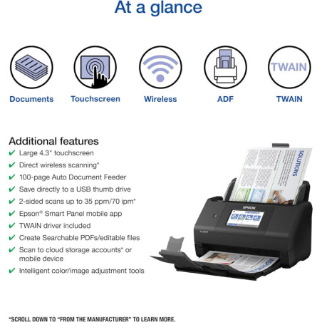 Scanner de documents couleur Epson Workforce ES-580W sans fil avec écran tactile 4,3 et chargeur 100 feuilles