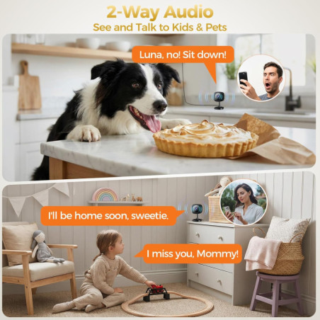 ZEEPORTE Caméra Intérieure 2K - Surveillance Bébé & Animal, Audio Deux Sens, Vision Nocturne, Alarme, Alexa & Google Com