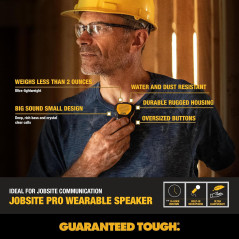 DEWALT Wearable Bluetooth Speaker - Clip-On, Water-Resistant, Non-Magnetic, Built-in Mic, Yellow
