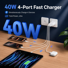 Chargeur USB C Mural 40W 4 Ports PD QC 3.0 pour iPhone & Galaxy