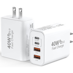 40W USB C Wall Charger 4-Port PD & QC 3.0 Fast Charging Adapter - 2 Pack