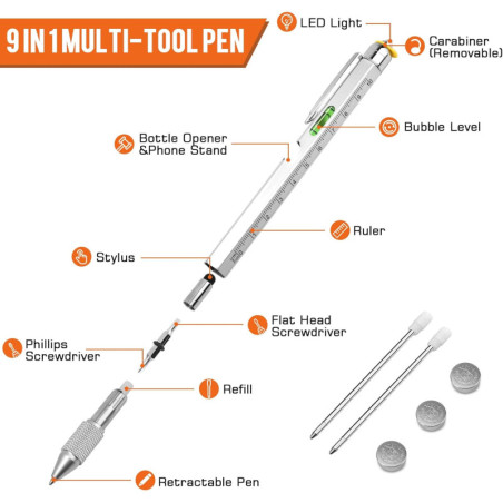 9-in-1 Multi-Tool Pen with Screwdrivers, LED Light, Ruler, Stylus, Bubble Level & Bottle Opener – Perfect Gift for Men
