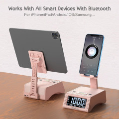 Support de téléphone pliable TechGlow avec haut-parleur Bluetooth sans fil - Cadeau tech rose
