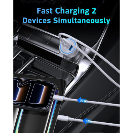 WODENTA 67W 3-Port USB C Car Charger with 3FT USB C Cable for iPhone 17/16/15 Pro Max & iPad