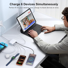 Chargeur USB C 100W GaN 6 Ports, Station de Charge Rapide avec Câble 5ft pour iPhone, iPad, Galaxy