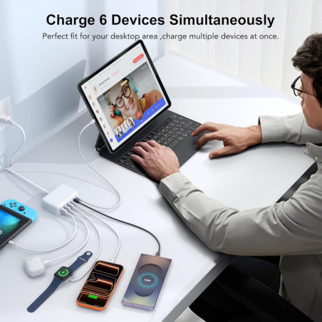 Chargeur USB C 100W GaN 6 Ports, Station de Charge Rapide avec Câble 5ft pour iPhone, iPad, Galaxy