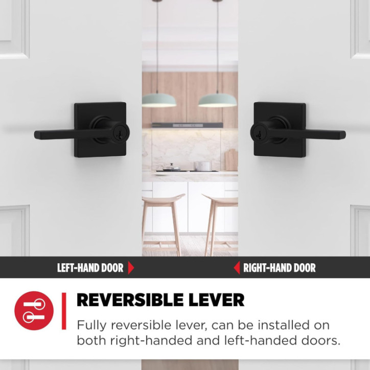 Kwikset Casey Matte Black Entry Door Handle with Lock, Keyed Reversible Lever, Pick-Resistant SmartKey Security Kwikset Casey Matte Black Entry Door Handle with Lock, Keyed Reversible Lever, Pick-Resistant SmartKey Security