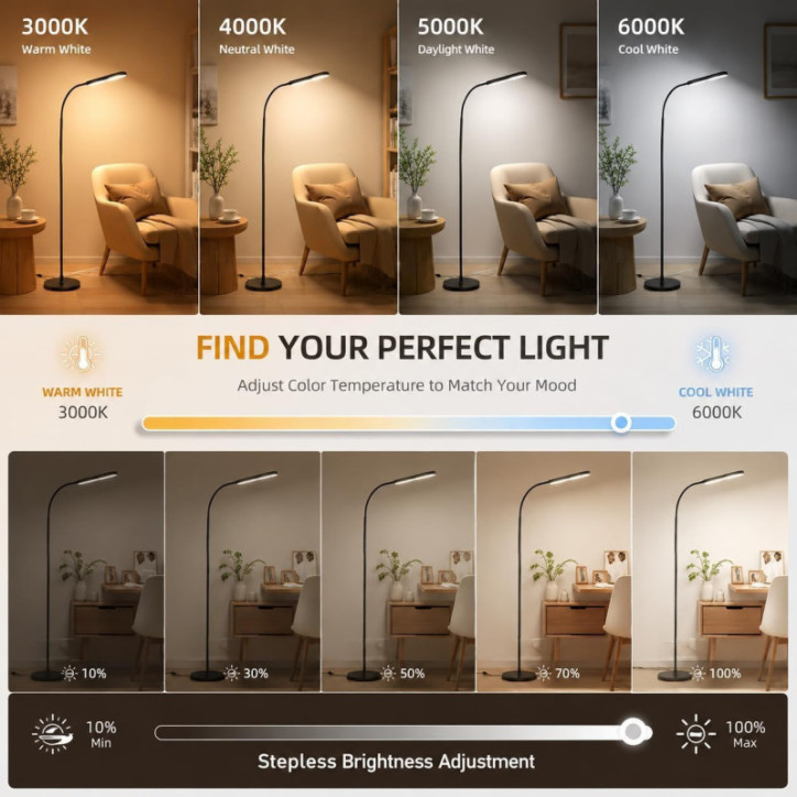 Lampadaire Wio-Mio 15W LED 1000lm, réglable 3000K-6000K, télécommande, tactile, gradateur, salon Lampadaire Wio-Mio 15W LED 1000lm, réglable 3000K-6000K, télécommande, tactile, gradateur, salon