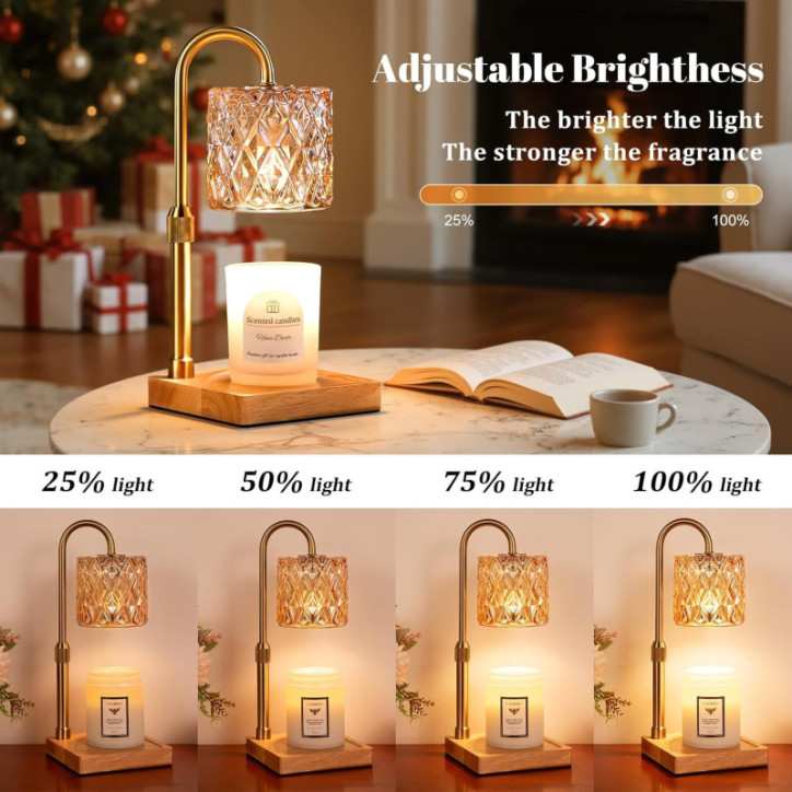 Lampe Chauffe-Bougie Hong-in avec Minuterie, Hauteur Réglable, Verre Ambre Vintage – Cadeau Idéal Femme