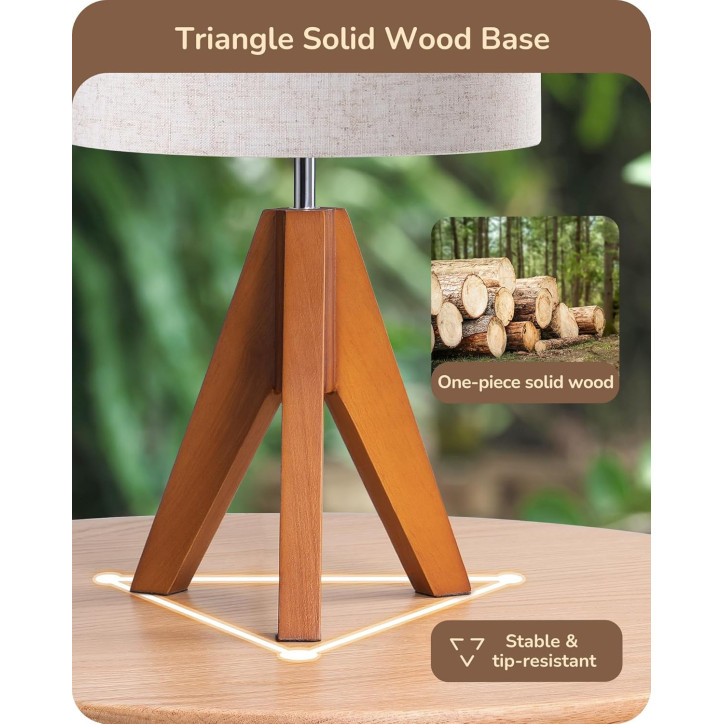 EDISHINE Tripod Table Lamp, 14.2 Small Bedside Lamp with Beige Linen Shade & Light Brown Wood Base, E26 Socket