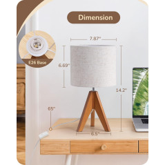 EDISHINE 14.2 Tripod Table Lamp with Linen Beige Shade & Wooden Base