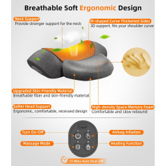 Upalled Coussin Massant Cou Chauffant Sans Fil 3-en-1 Rechargeable Soulagement Douleur Gris
