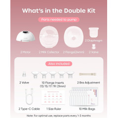 Nuliie S32 Tire-Lait Portable Sans Mains, 4 Modes, 9 Niveaux d'Aspiration, Kit 2 Blanc
