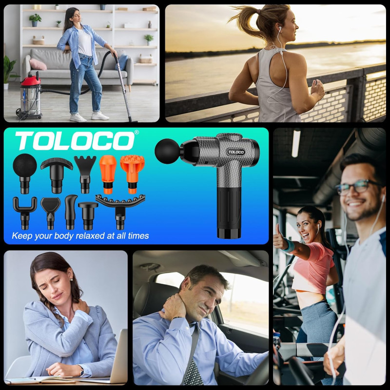 TOLOCO Deep Tissue Massage Gun for Pain Relief – Silent, 10 Heads