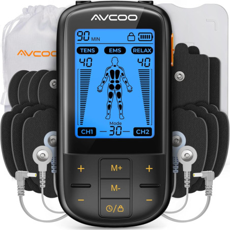 AVCOO 3-in-1 TENS Unit Muscle Stimulator, 30 Modes, 40 Intensities, 12 Electrode Pads for Pain Relief