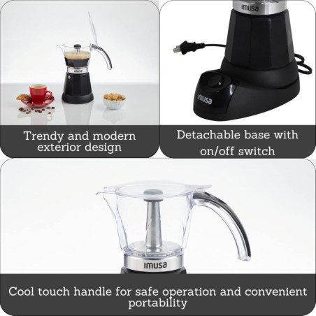 IMUSA Electric Espresso Maker 3 or 6 Cup, Cool-Touch Handle & Base, Cast Aluminum, Black—Ideal for Cuban Coffee